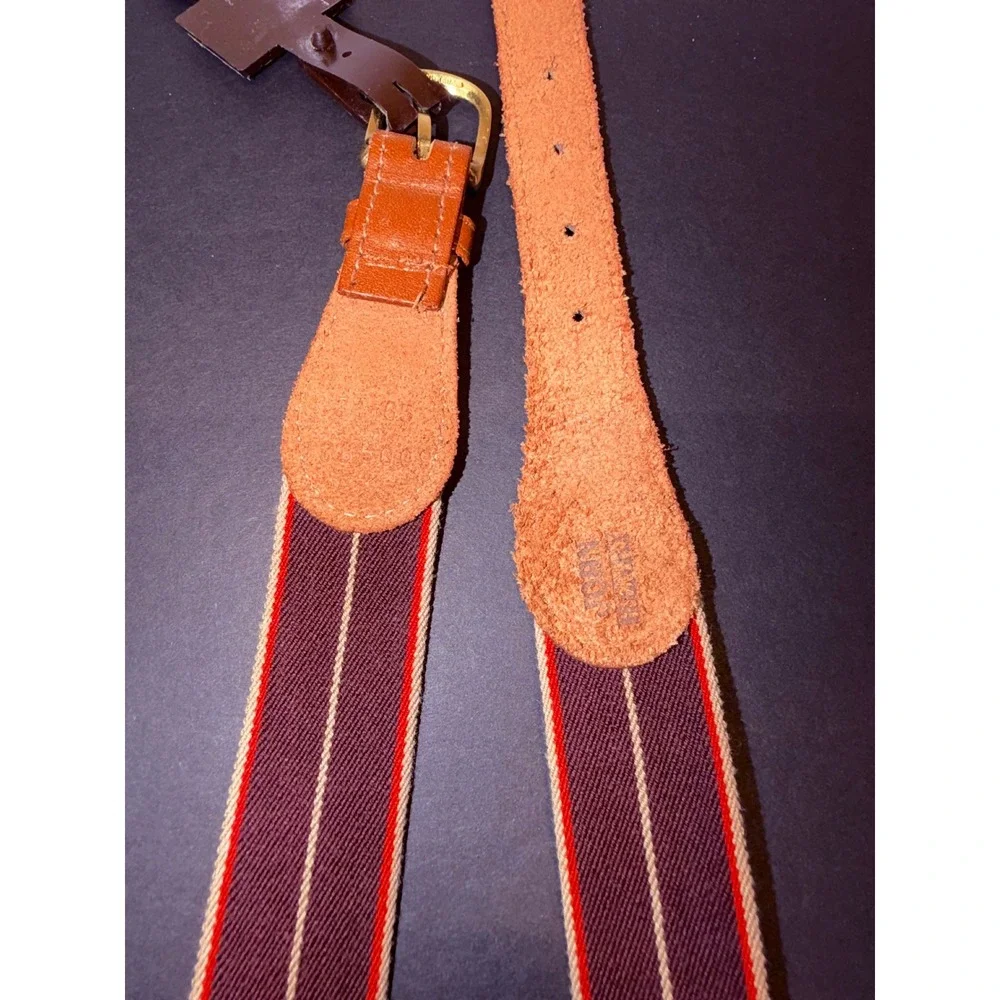 John Henry Men's Sz 34 Striped Canvas Leather Belt Burgundy Red Preppy Vintage
